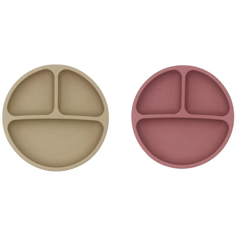 

2Pcs Baby Safe Silicone Dining Plate Solid Cute Cartoon Dishes Toddle Training Tableware Kids-Milk Tea & Rosy Color