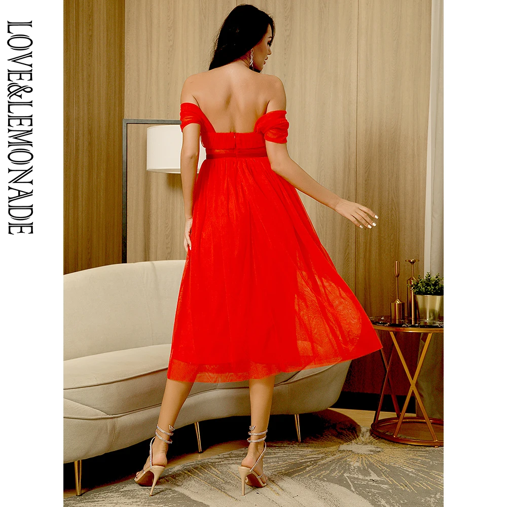 

LOVE&LEMONADE Sexy Tube Top Red Mesh A-Line Puffy Over-The-Knee Dress LM82730