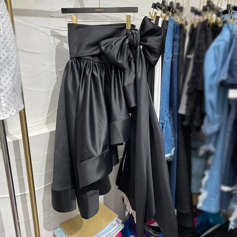 

Korean Fashion Lace-up Bow Irregular Stitching Skirt Women's Summer Small Black Skirt Female Mid-Length Skirt Faldas Streetwear