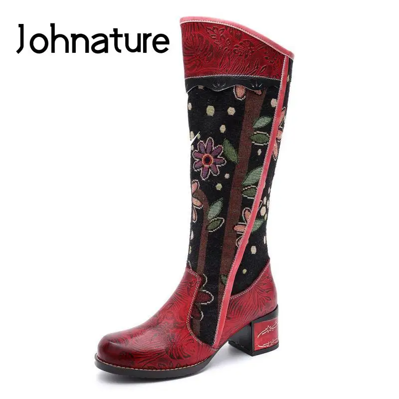 

Женские ботинки из натуральной кожи Johnature, длинные ботинки на платформе, с круглым носком, с принтом, на молнии, ручная работа, для отдыха, для...