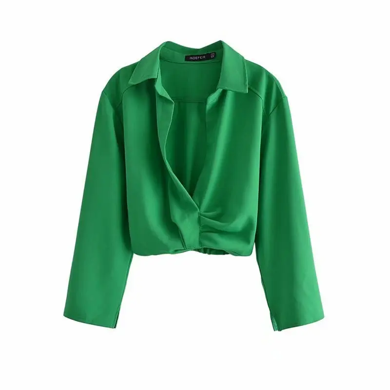 

Women Fashion Turn Down Collar Knotted Green Short Blouse Dress Set Female Long Sleeve Slim Shirt Suit Femme Chic Crop Top Falda