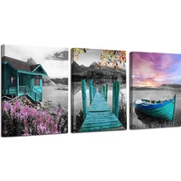 Canvas Wall Art Landscape Lake Painting Teal Purple Sail Boat Pictures Modern Blue Cottage Artwork For Living Room Bedroom Decor
