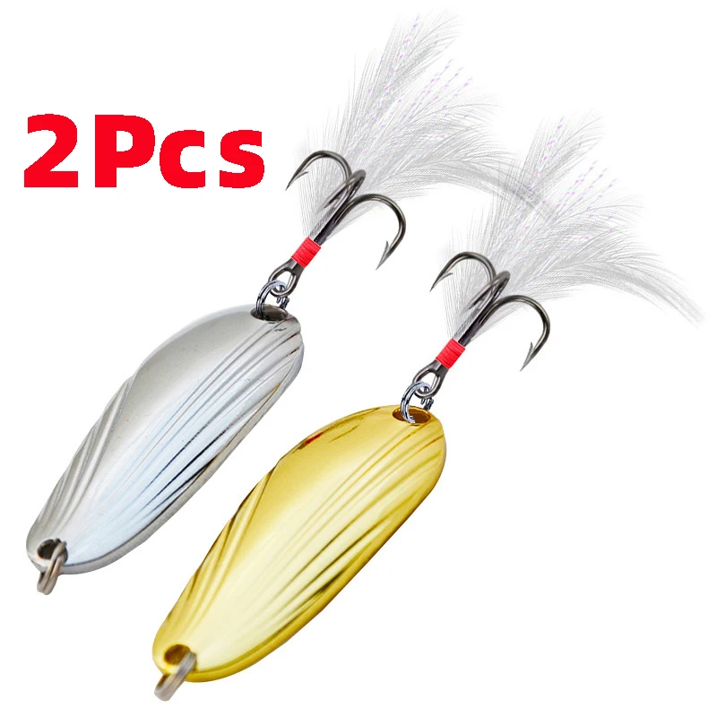 

2Pcs Metal Gold Sliver Sequins With Feather Fishing Lures Spoon Lure Hard Baits Bass Pike Tackle Silver Bait Artificial Minnow