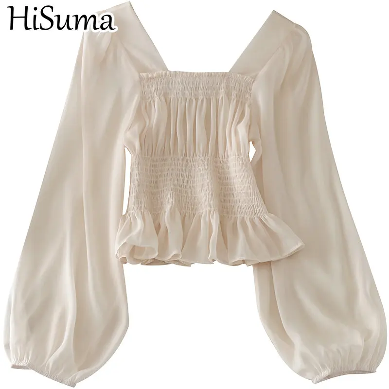 

HISUMA Women Summer Square Collar Lantern Sleeve Pleated Ruffles Shirt Lady Short Elastic Slim Chiffon Pullover Chic Blouse Tops