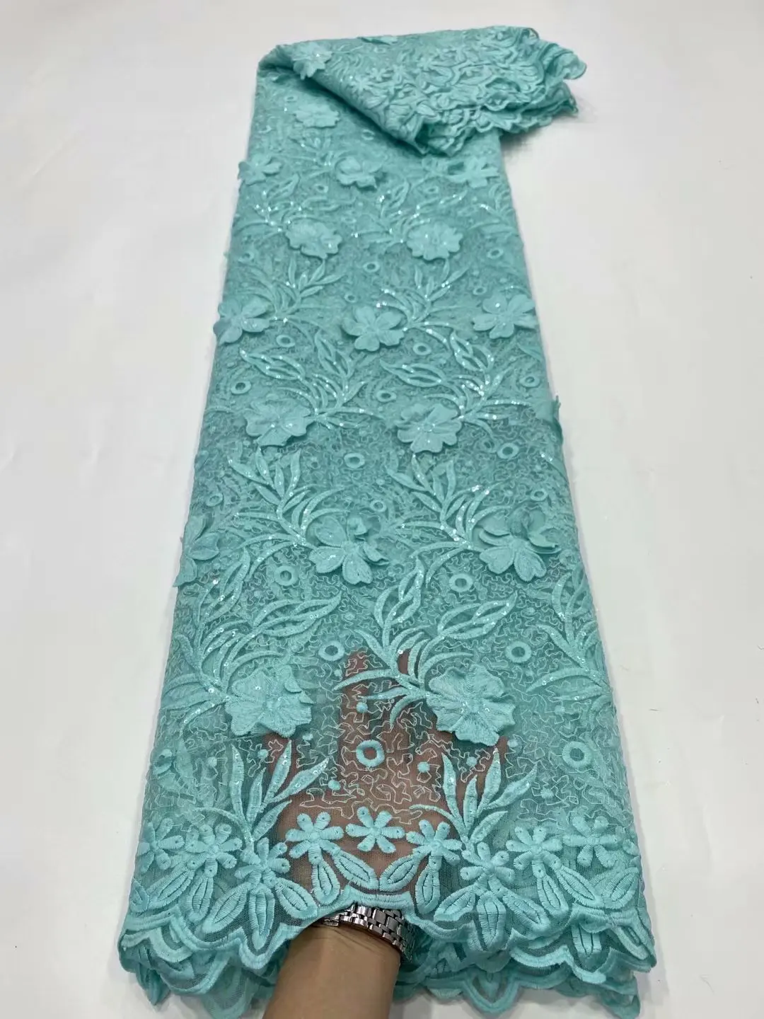 

Aqua Sequins Design Good Quality 3D Petals African Tulle Embroidery Sequins Lace Fabrics