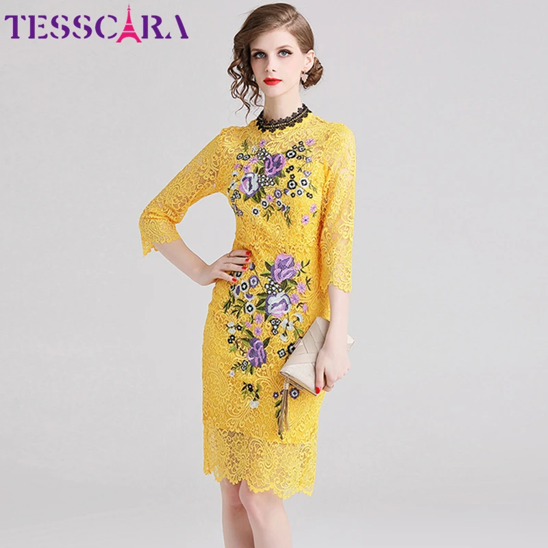 Женское кружевное платье TESSCARA элегантное осеннее с цветочной вышивкой вечерние