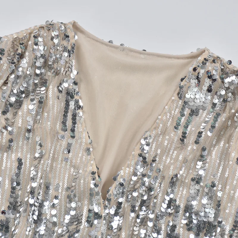 

2021 Spring And Autumn Casual Women's Blouse V-neck Irregular Sequined Shirt Temperament Sexy Casual Party En*