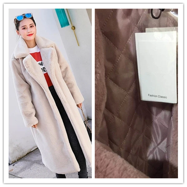 warm liner Khaki Зимнее женское качественное пальто из искусственного кроличьего меха, роскошное длинное меховое пальто, свободные пальто с отворотом, толстые теплые женские пальто больших размеров, 414 - Цвет: warm liner Khaki