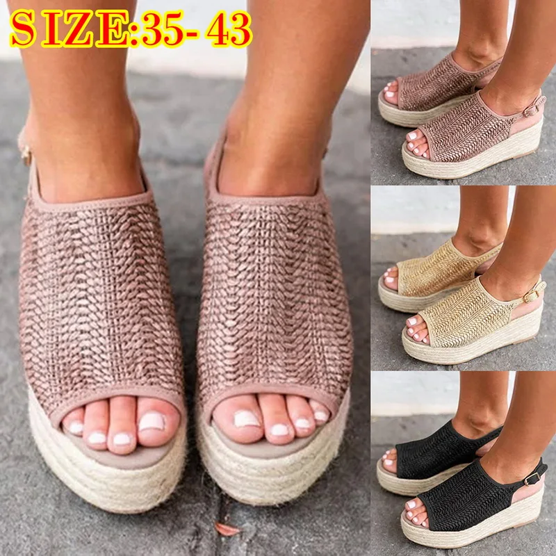 

SHUJIN 2019 Summer Women Hemp Sandals Fashion Female Beach Shoes Wedge Heels Shoes Comfortable Platform Shoes