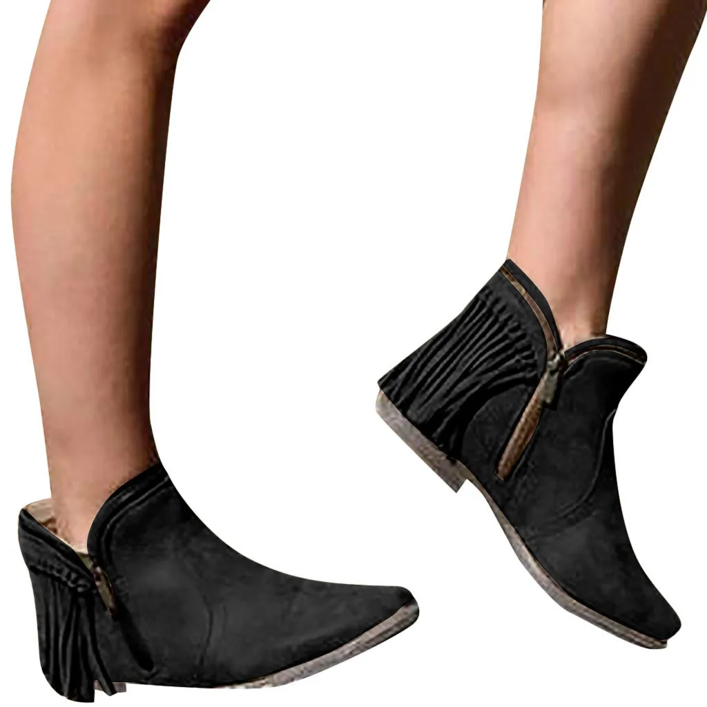 

Booties Vintage Ladies Low Heel Zip Slip Winter Boots Retro Womens Tassel Non-Slip Roman Shoes Short Boots Women Botas Mujer A1