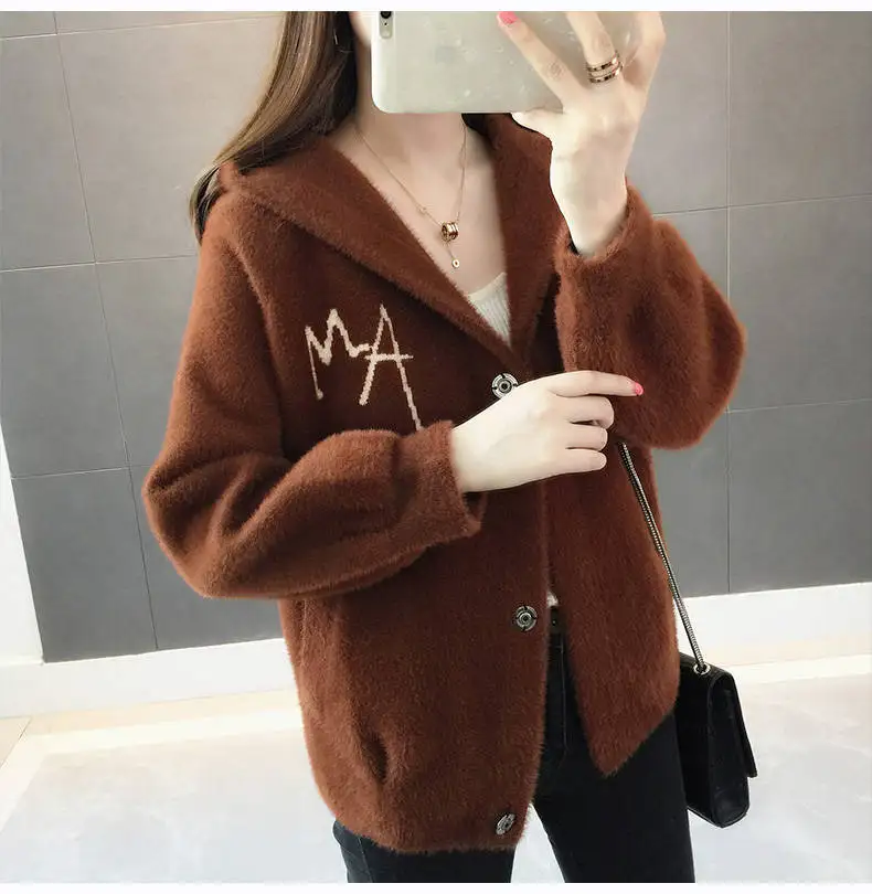 Women Mink Fur Jacket Autumn Winter Women Coat Loose Embroidered Thick Velvet Hooded Sweater Female Cardigan
