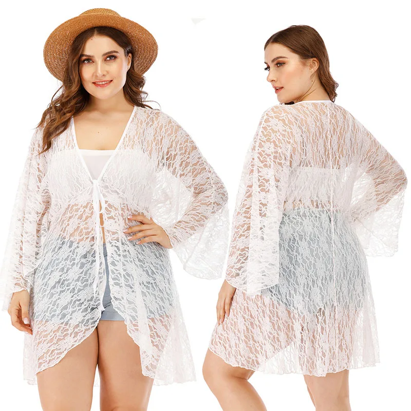 

Plus Size Sexy Lace Beach Cover Up Swim Dress Women Beach Dress Bikini Cover Up Swimwear Women Cover-up White Cardigan Cover 3XL