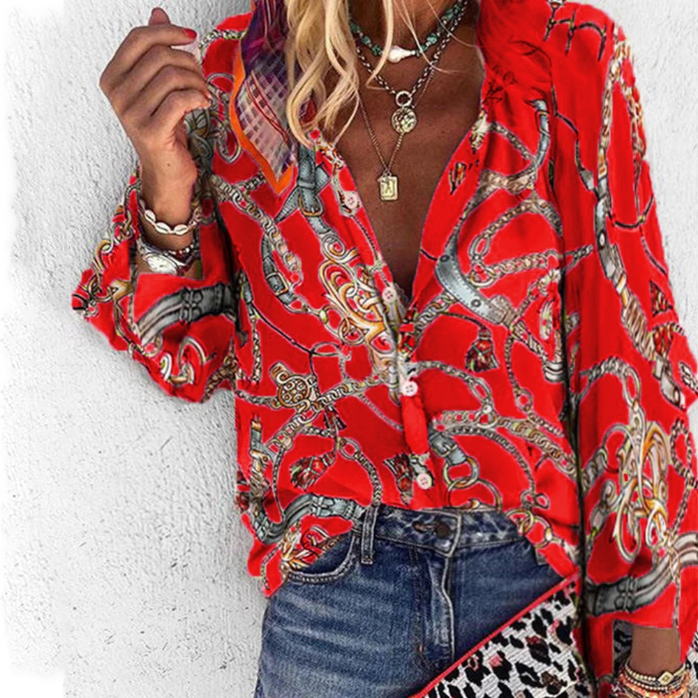 Осенний Женский Повседневный женский топ с принтом в виде цепи длинный рукав