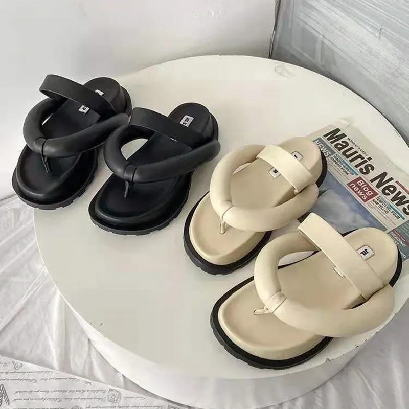 

2021 Summer New Style Sponge Cake Thick-Soled Flip-Flop Sandals And Slippers Women's Outer Wear Black Flip Flops Casual Roman Sa