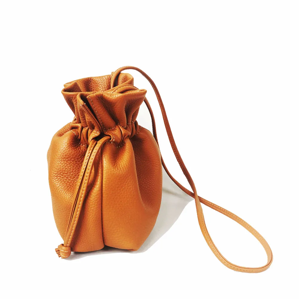 Women Small Cow Leather Pouch Bag Female Classical Soft Genuine Bohemian Boho Drawstring Bucket Handbag Messenger | Багаж и сумки