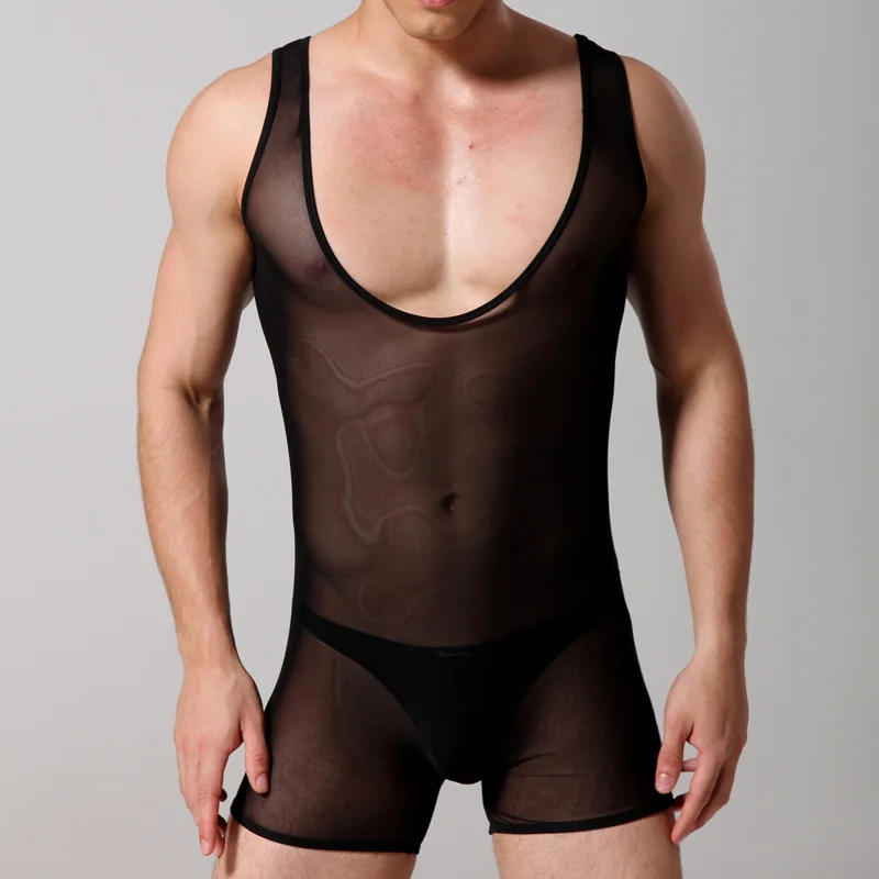 High Quality Men Underwear Sexy Male Bodysuits Gauze Translucent Jumpsuit Shapers Boxer E661 M,L,XL