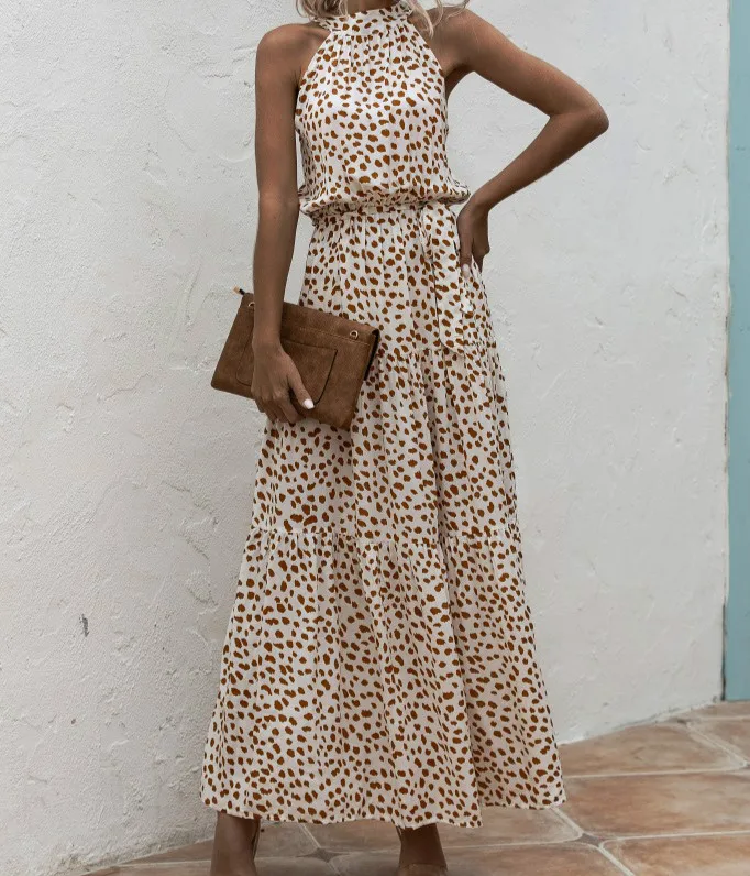 

Bohemian Dot Prints Halter Strap Long Dress Summer Sleeveless Flower Vintage Dress Women Party A Line Casual Vestidos De Fiesta