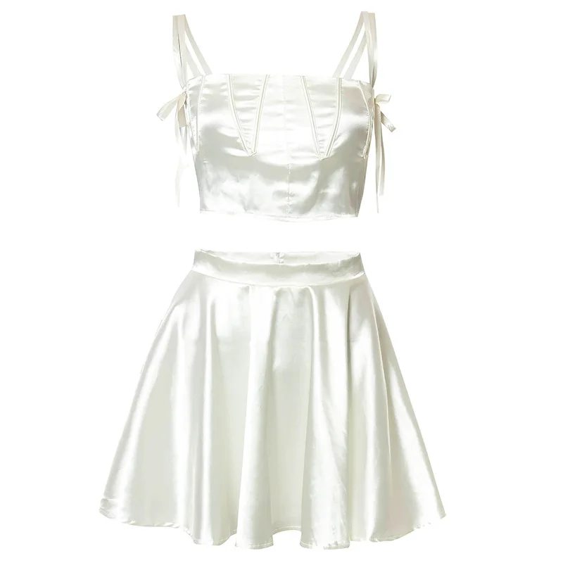 

Women's Spring and Summer New Solid Color Sexy Sling Lace-up Tops Fashion Temperament Flared Skirt Two-piece Suit Women 2021