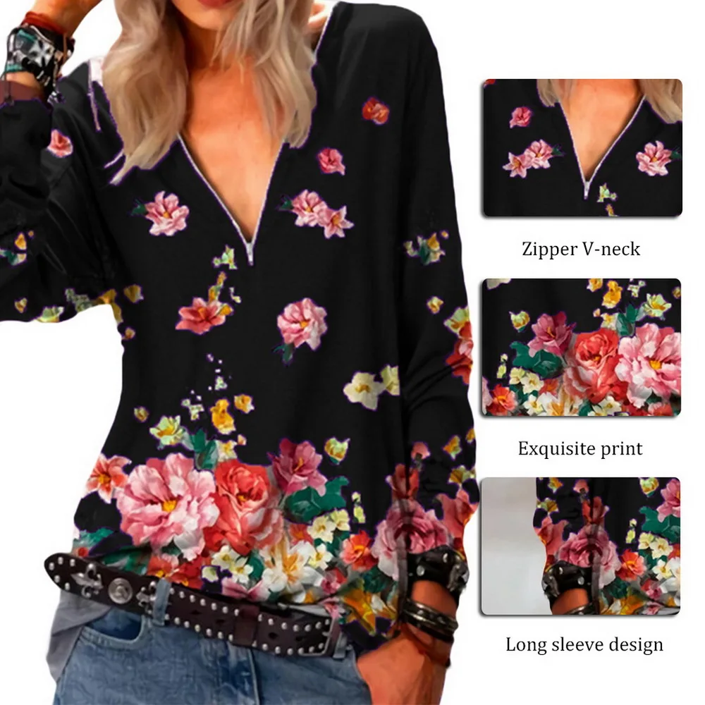 

Uefezo Vintage Stripe Print Zipper V Neck T Shirts Women Casual Loose Long Sleeve Pullovers Tops Autumn Streetwear Trendy Tee