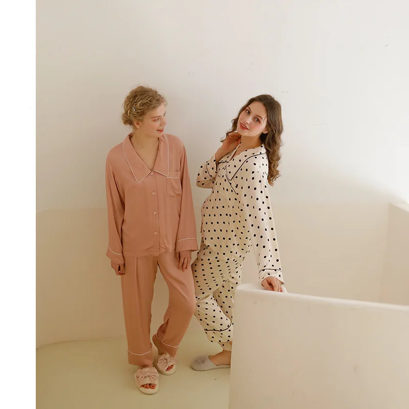 105 Spring Autumn Stain Dot Womens Shirt Pajamas Set Long Sleeve Two-pieces Sleepwear V-neck Women Nightwear Full Pant Homewear