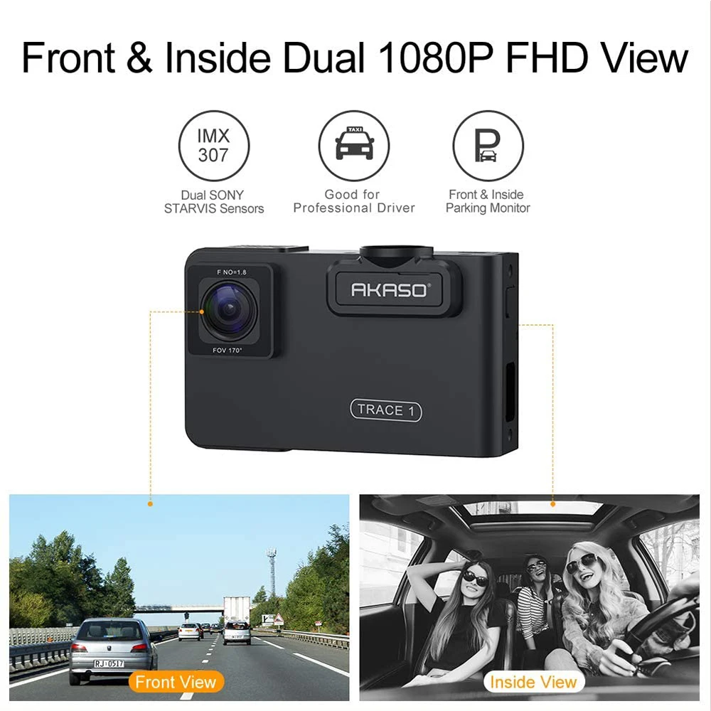 Автомобильный видеорегистратор AKASO Trace 1 двойная камера для автомобилей HD 1080P