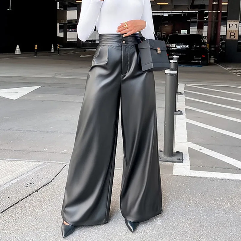

Bodycon Women Long Trousers Vintage Pants Solid Wide Leg PU Leather Pants Sexy High Waist Fashionable Leather Pants for Women