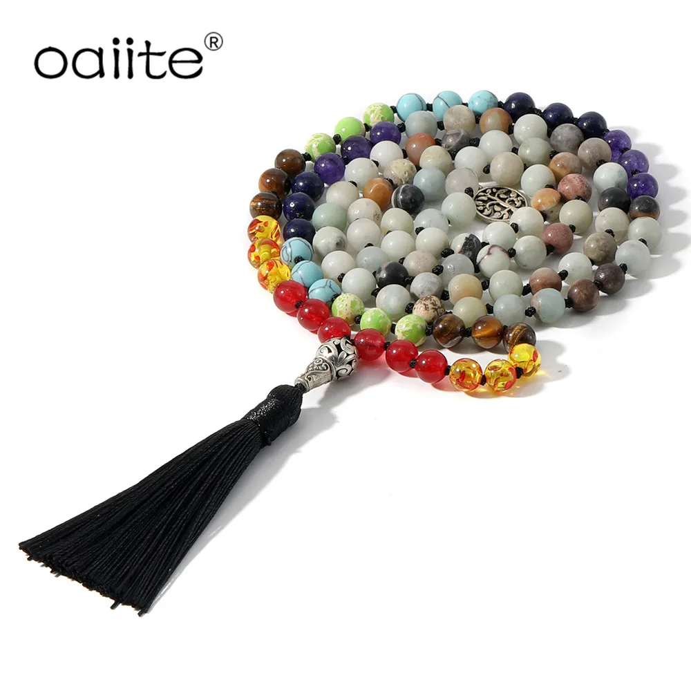 

OAIITE 7 Chakra Long Tassel Necklace Women 108 Mala 8MM Natural Stone Meditation Necklace Knotted Bead Yoga Necklace Jewelry