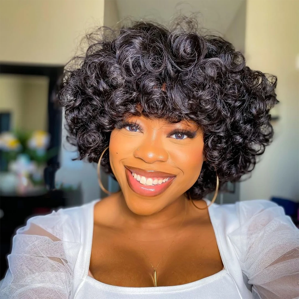 

Short Loose Wave Wigs Brazilian Curly Human Hair Wigs For Black Women Remy Bob Wig With Bang Full Machine Made Wig Natural Color