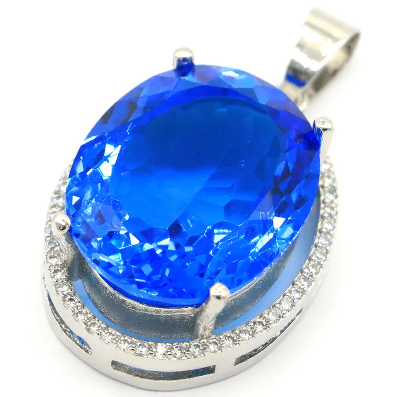 

37x22mm Anniversary Big Oval Gemstone Created Paris Blue Topaz CZ For Women Dating Silver Pendant Eye Catching