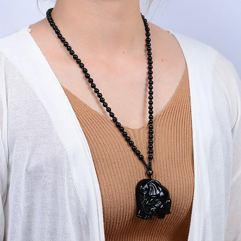 Натуральный черный обсидиан ручная работа милый слон счастливое ожерелье из