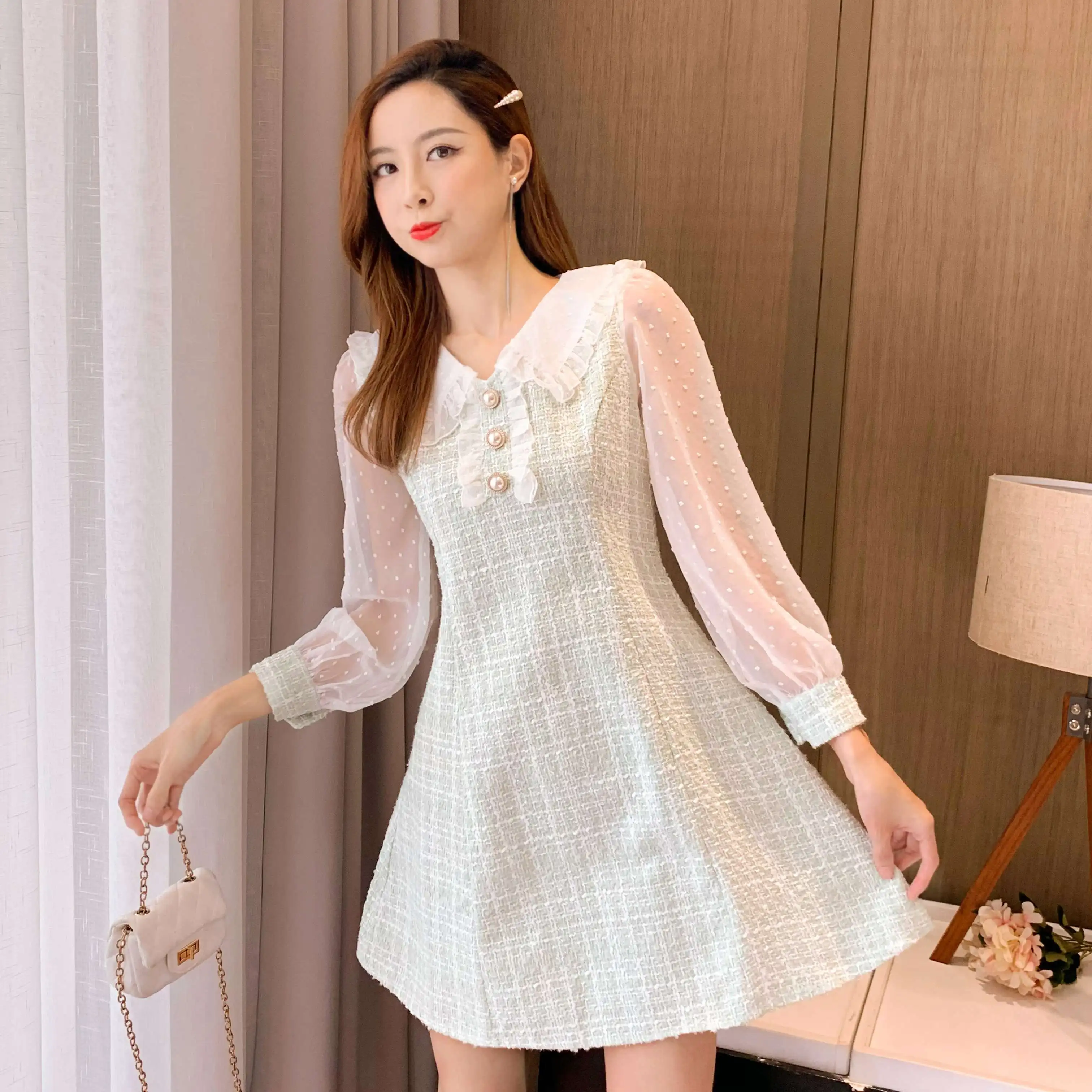 

Dresses Black Light Green Women Korean dress Long Sleeve New Patchwork