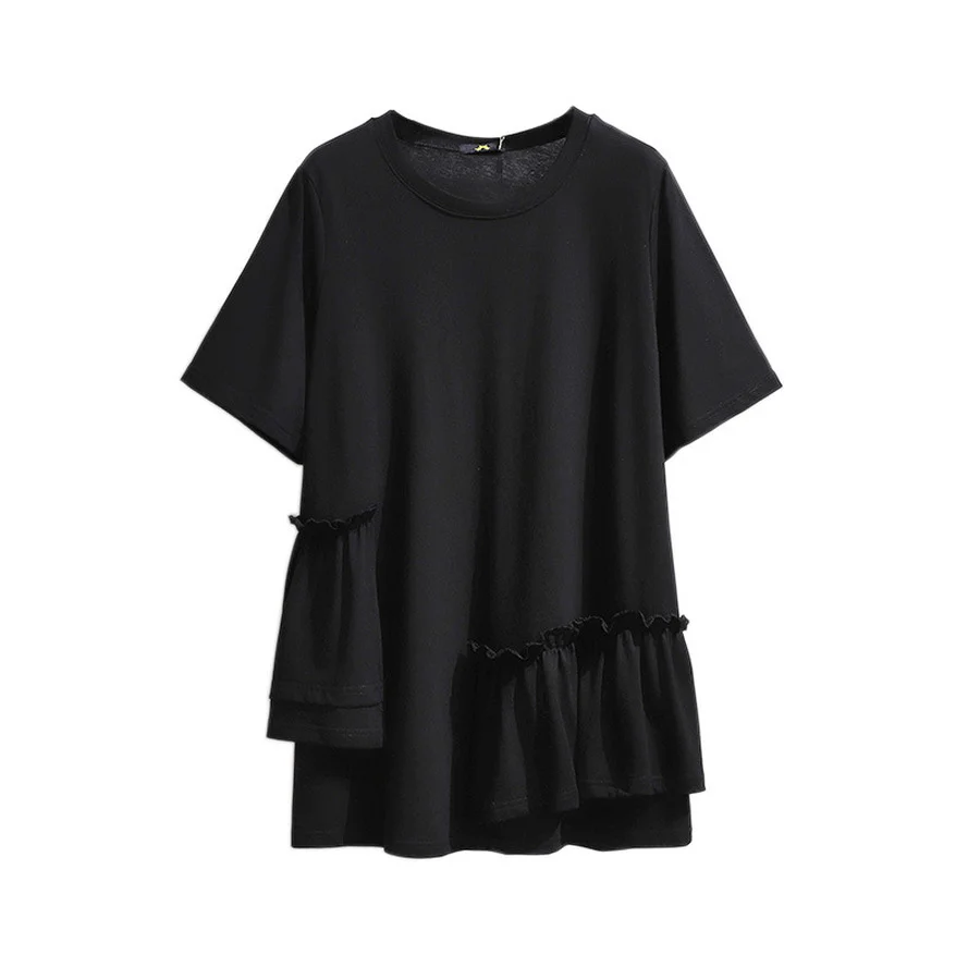 

Women's Plus Size Tops Black Color Korean Mid-length Slimming Top Shirt Madam Ruffled Short-sleeved White T-shirt 2021 Summer