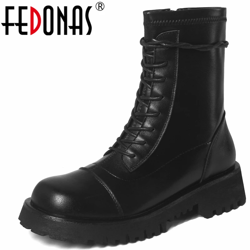 

Женские ботинки с перекрестной шнуровкой FEDONAS, ботинки из натуральной кожи на платформе, повседневные, на осень-зиму