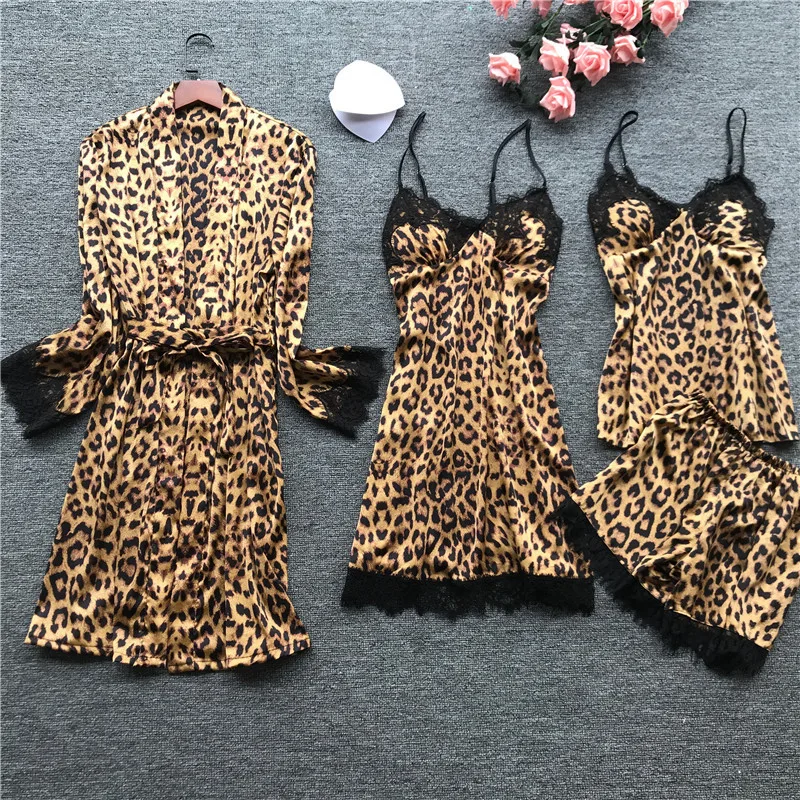 

2020 Leopard Print Pajamas For Women Lace Sexy Lingerie Silk Pajama Sets Women Summer Pijama Mujer Pyjama