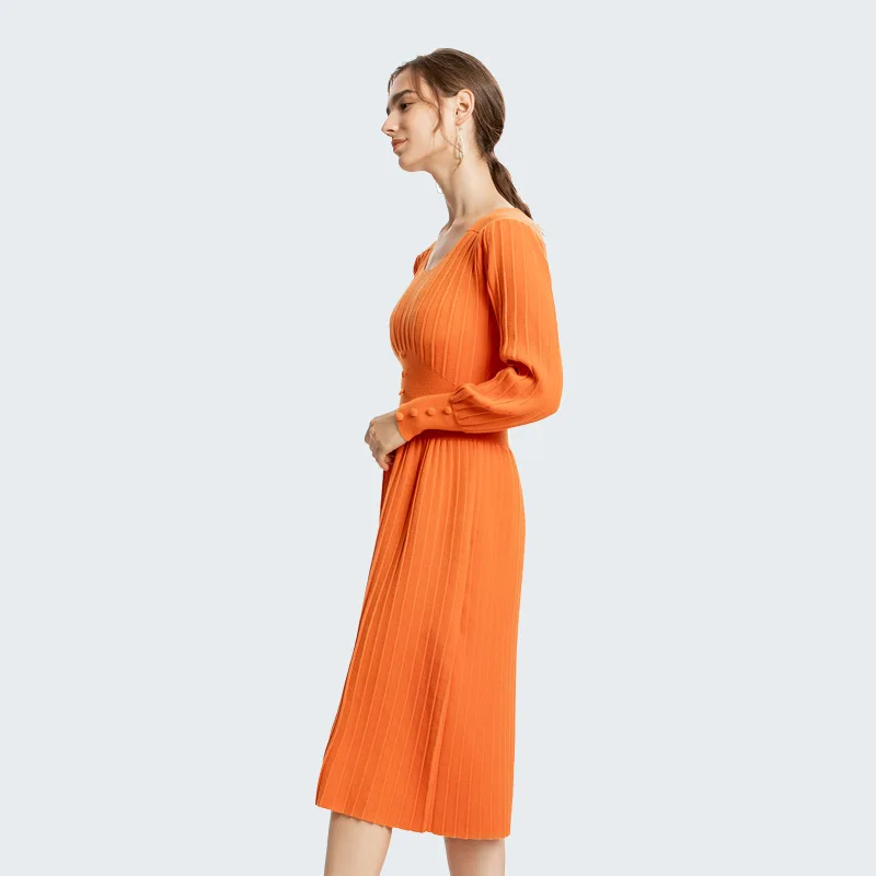 

075 V-Neck Knitted Dresses Button Lady Korean Style Vintage Mid-Length High Waist Solid Long Sleeve Thin Vestido Female New