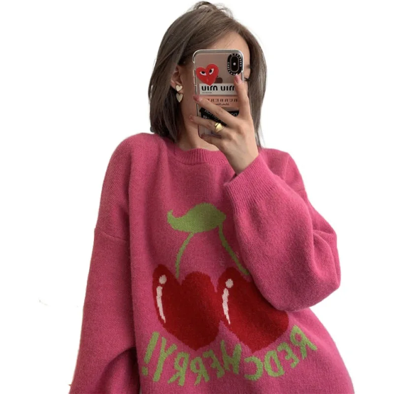 

Women Autumn New Fashion Korea Style Sweet Cute Long Sleeve Cherry Jacquard Sweater Female Oversize Loose Pullover Knitwear Tops