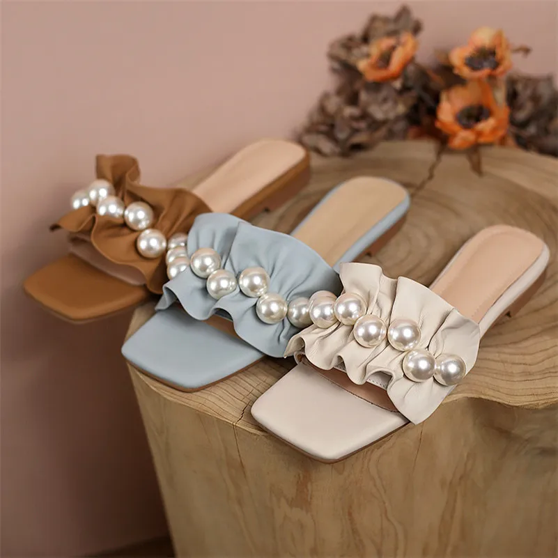 

ANNYMOLI Slippers Shoes Women Real Leather Sandals Flat Square Toe Sandals Ruffles Cow Leather Ladies Footwear Summer Brown 42