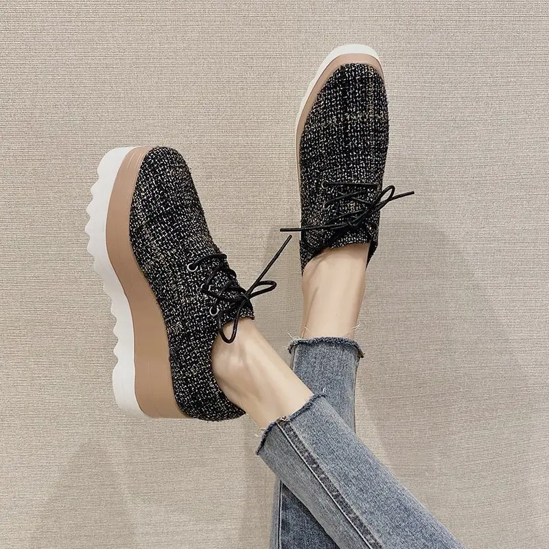 

Pop Hemp Plaid Flat Platform Shoes Women Nice Spring Fashion Wedges Vulcanize Shoes Woman High Heels Lace Up Casual Shoes