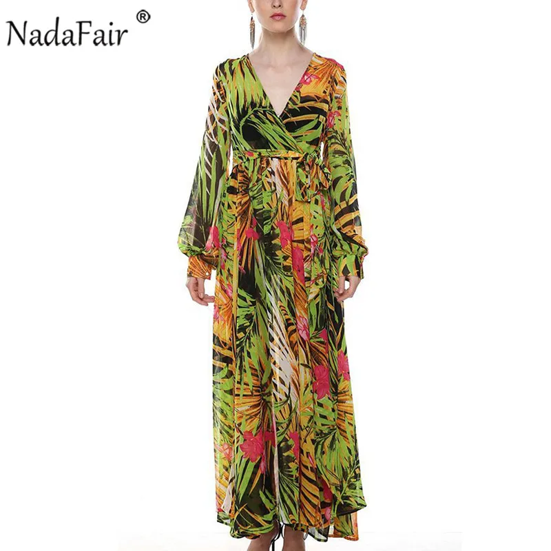Цвет: желтый Nadafair Boho летнее макси платье шифоновое винтажное Туника сексуальное с v-образным вырезом на поясе шифоновое с цветочным принтом размера плюс пляжное длинное платье для женщин - Цвет: Цвет: желтый