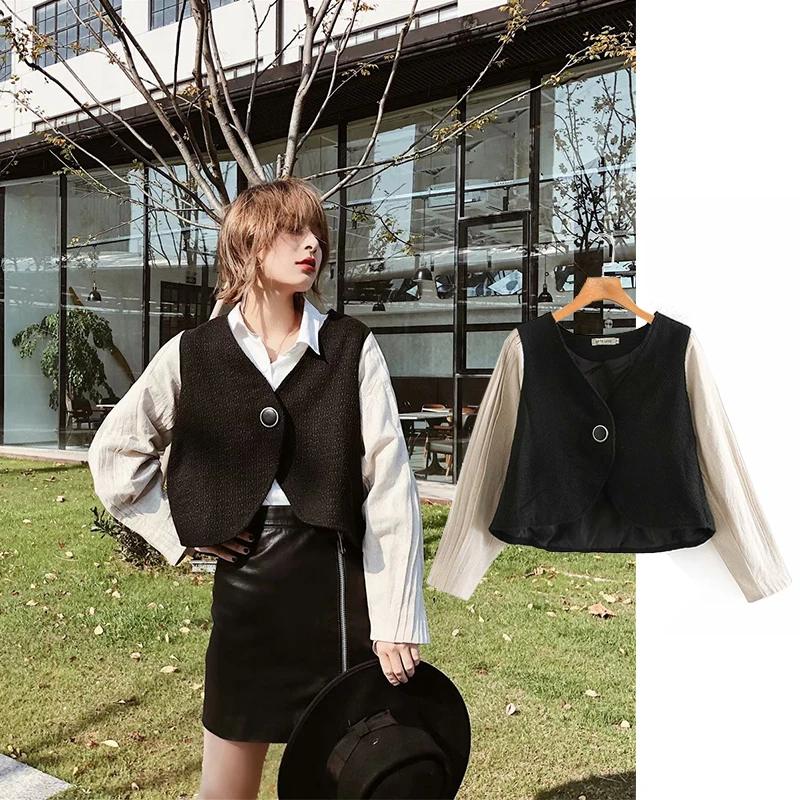 

2020 new Fresh style Spring/Autumn female black Patchwork casual jacket O-Neck Single Breasted Draped coat loose coat jacke