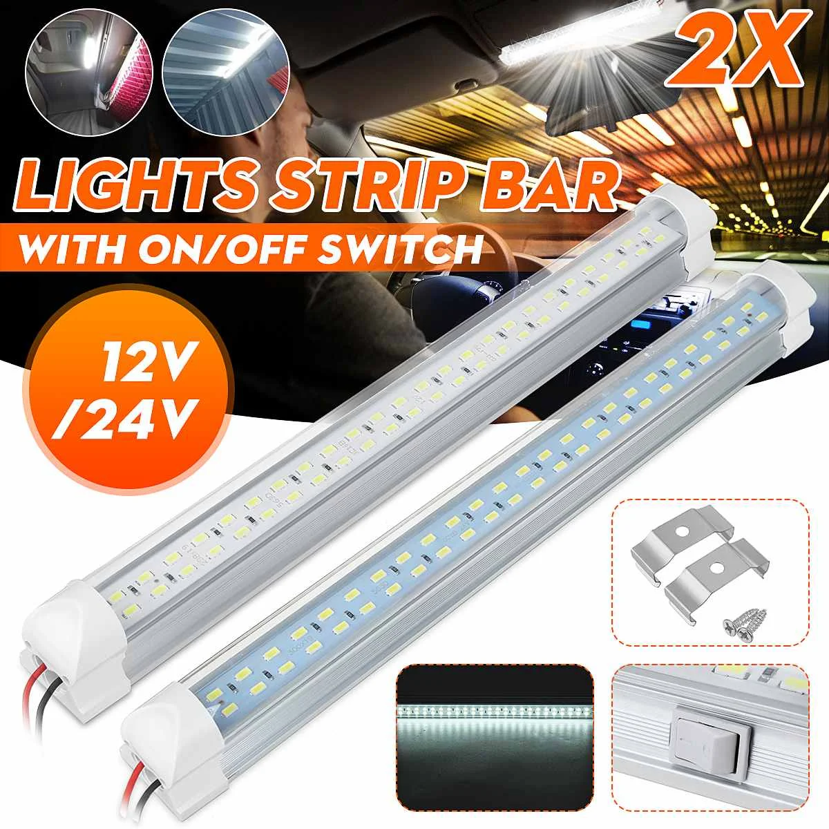 

2Pcs 12V 24V LED Bar Car Interior Light Strip Light Bar Interior Lamp On/Off Switch for Van Lorry Truck Camper Boat RV Caravan