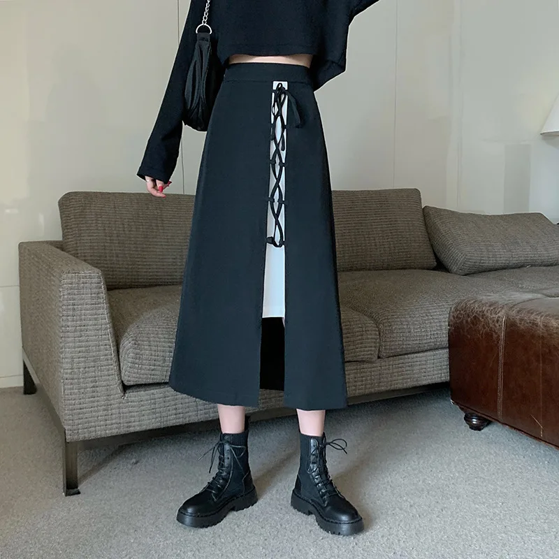 

2021 Spring and Summer Korean Casual Fashion Loose Women's Skirts Elegant and Sweet Stitching Side Slit High Waist Skirt
