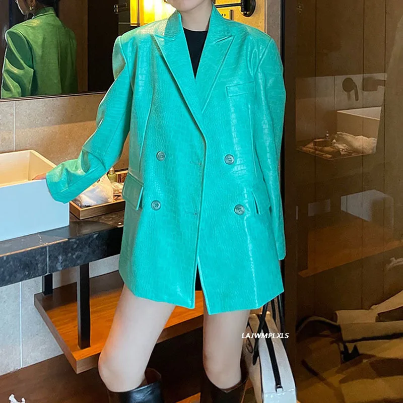 

jacket Blazer Women New Lapel Long Sleeve Loose Fit Coat Fashion Tide Spring Autumn 2021 Women Green Double breasted Pu Leather