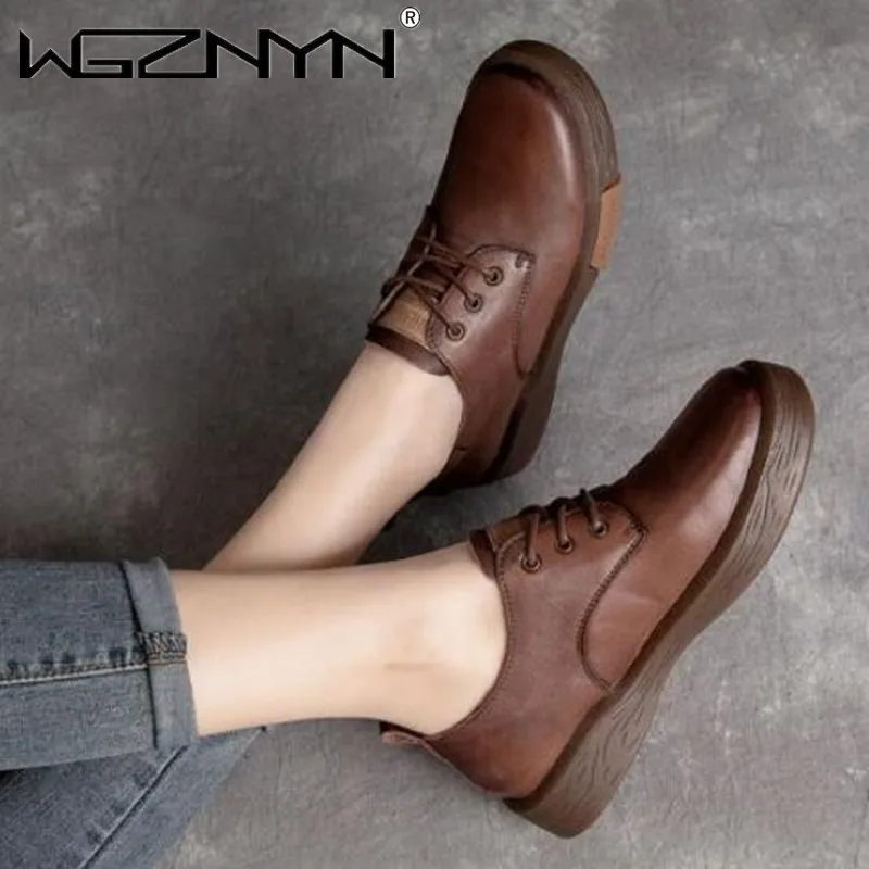 

Spring Autumn Vintage Handmade Women Flat Shoes Rubber Soft Bottom Genuine PU Leather Round Toe Daily Sneakers Women Casual Shoe