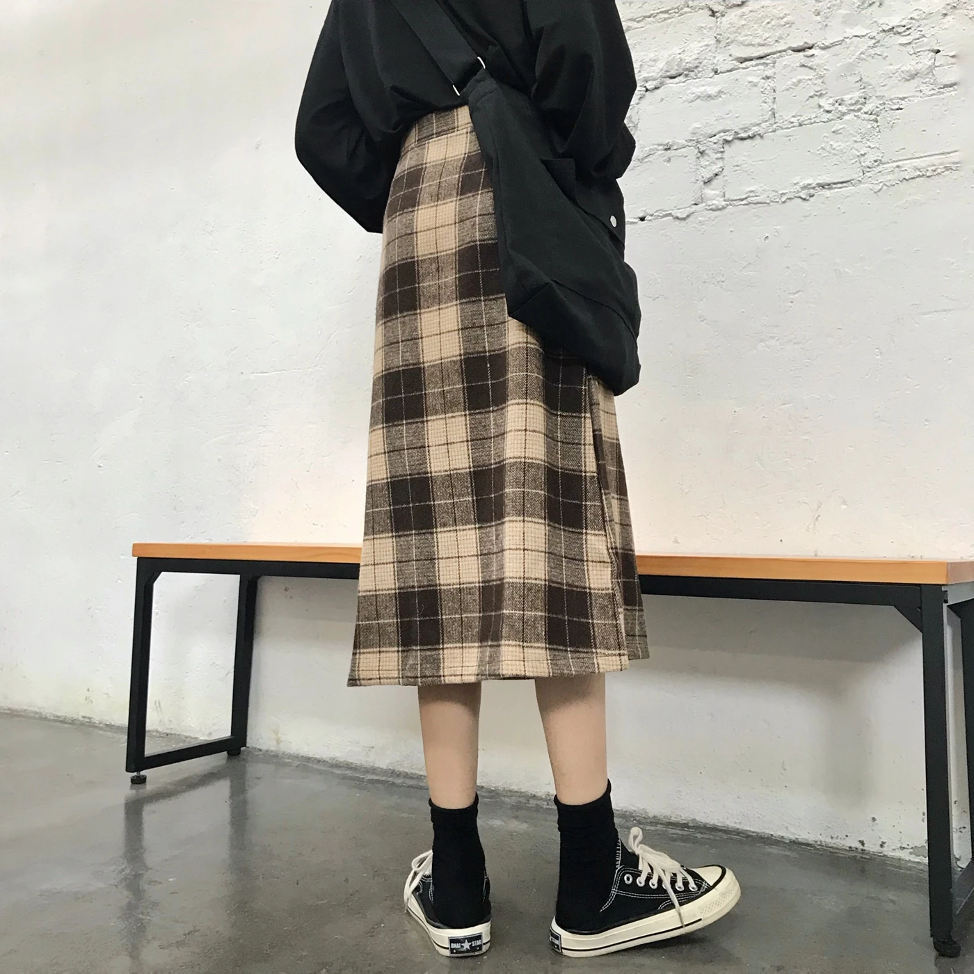 

Autumn Winter New Women Fashion Woolen Plaid Skirt Long Section A Line Midi Skirt