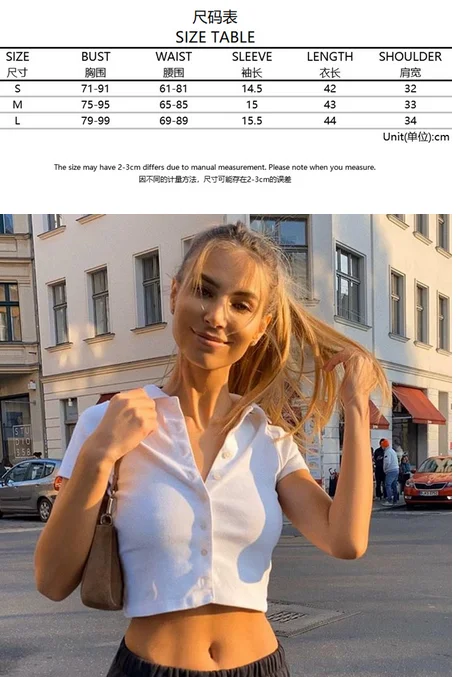 

Women Sexy Crop Top, Adults Solid Color Short Sleeve Stand Collar Button Down T-shirt