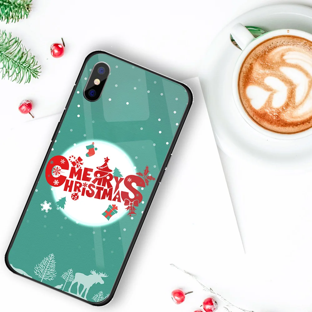 Роскошный Рождественский чехол для iPhone X XS XR XSMAX, жесткий стеклянный чехол Чехол для iPhone 5 5S SE 6 6S 7 8, новогодний подарок, Conque