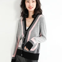 fashion knitted jacket womens 2022 spring and autumn new v neck colorblock comfortable versatile elegant fashion chic cardigan