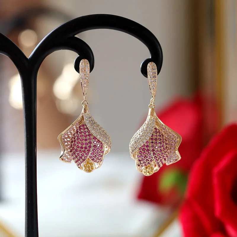 

fashion cz flower luxury red rose drop earring for women wedding bridal party