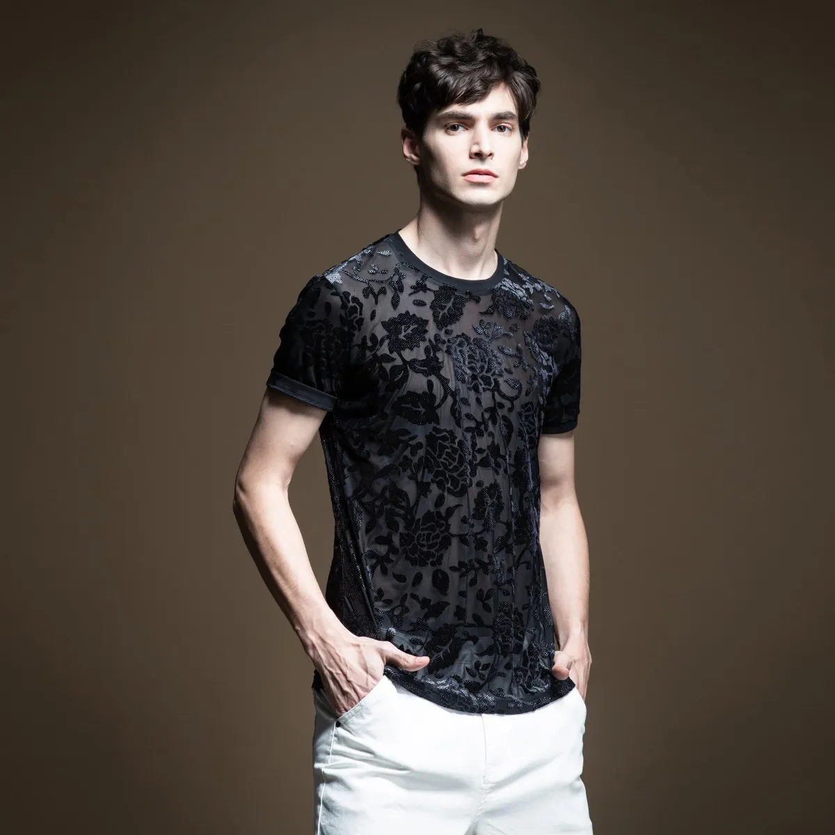 Pinli Мужская футболка с коротким рукавом и круглым вырезом тонкая сексуальная